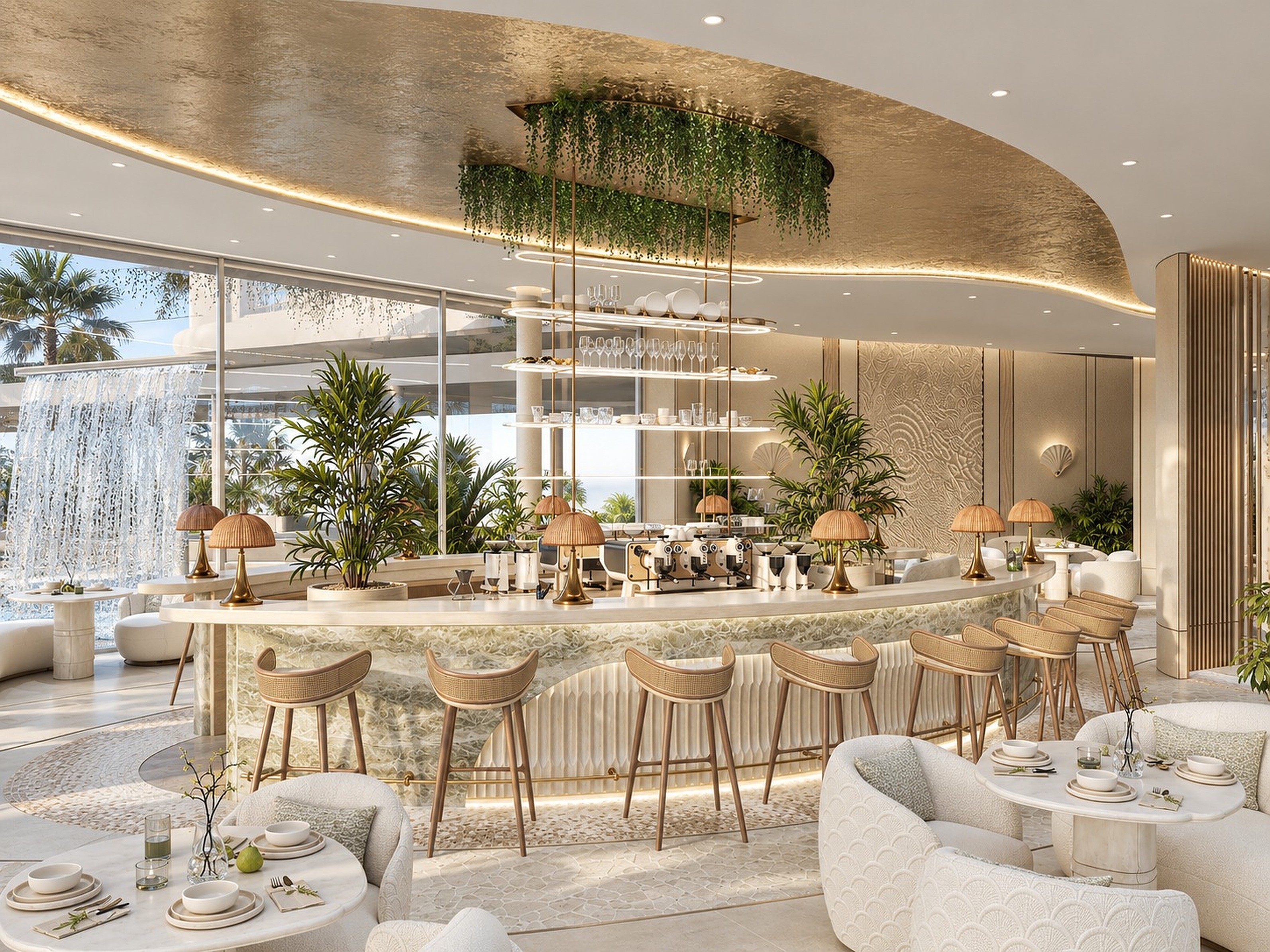 Beach club lounge with white armchairs and palms beyond the glass