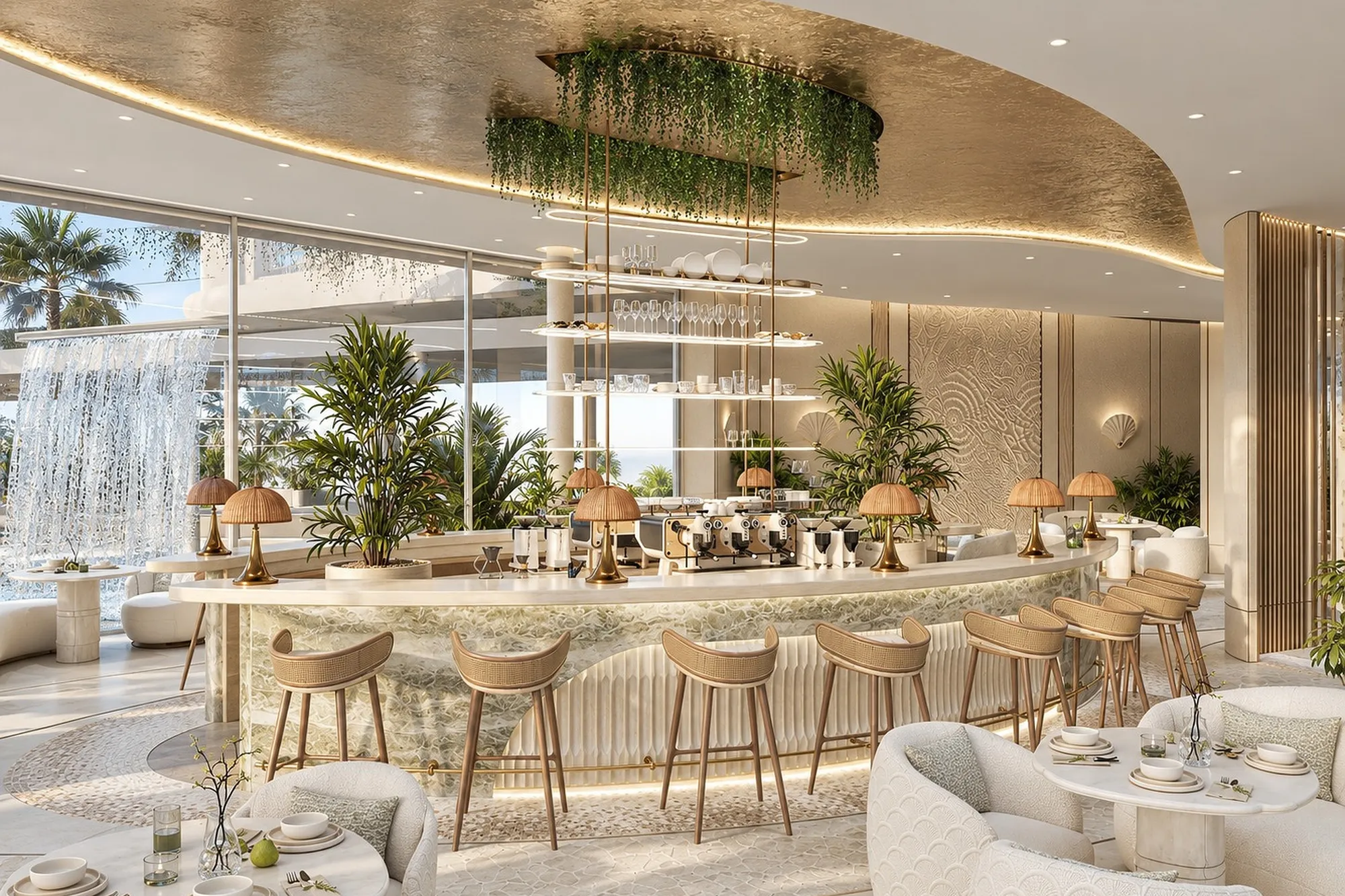 Beach club lounge with white armchairs and palms beyond the glass