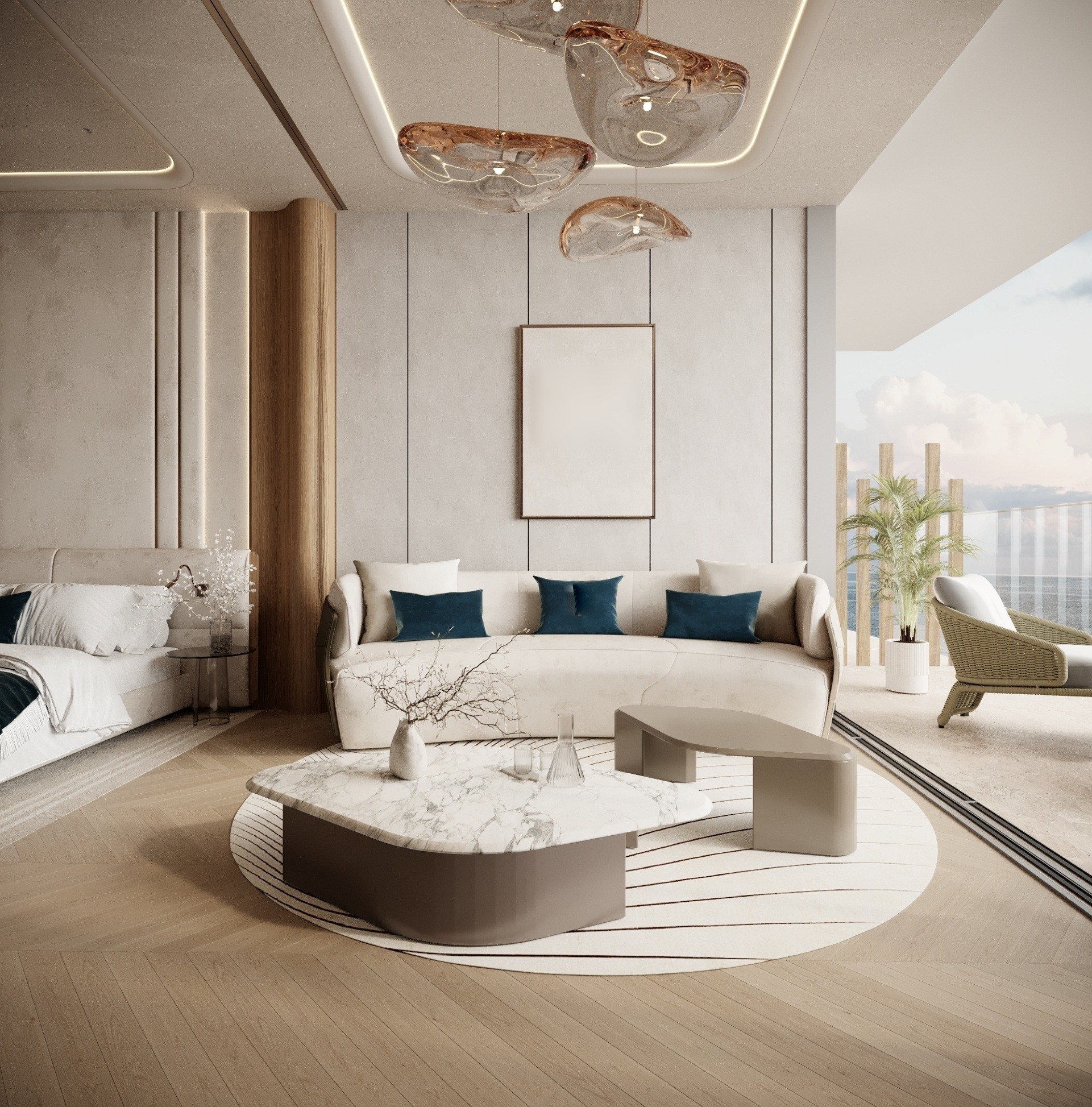 Residence interior with pale furnishings, oak floors and sculpted pendant lights