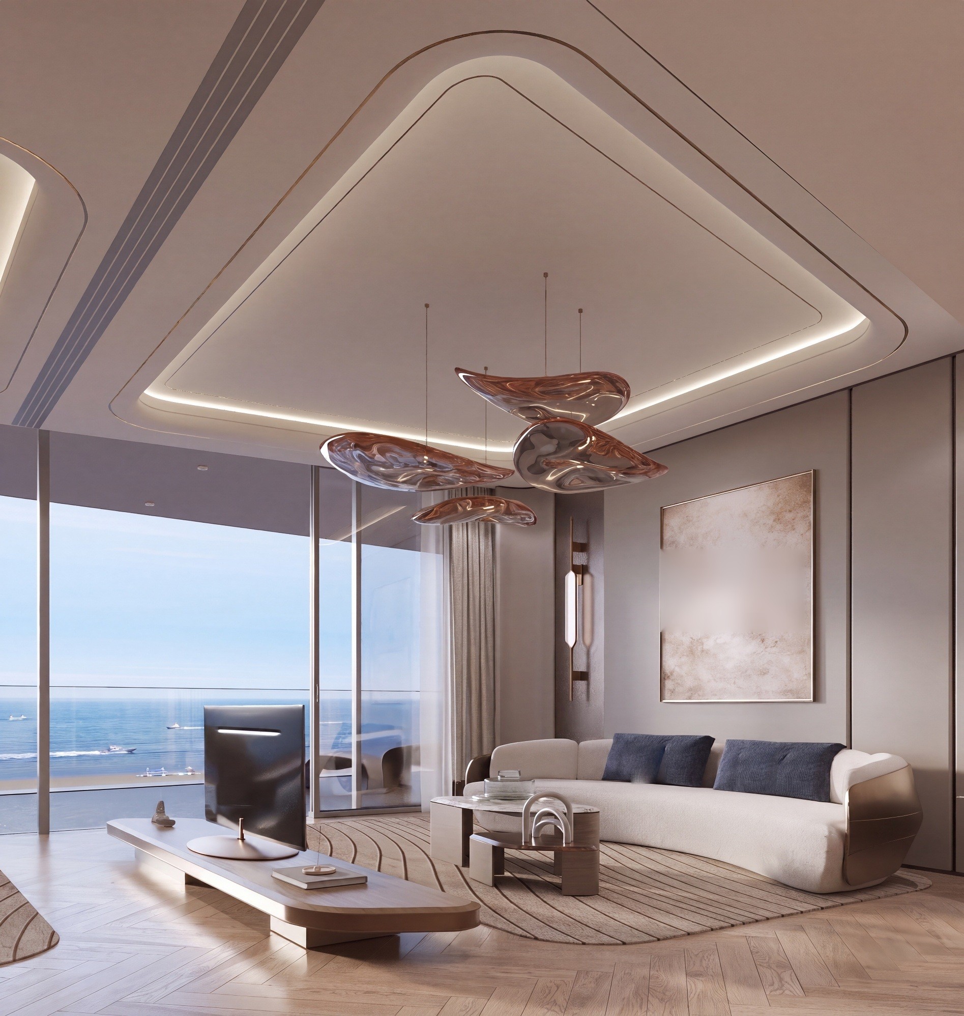 Living space with soft sofas and tall windows towards the water