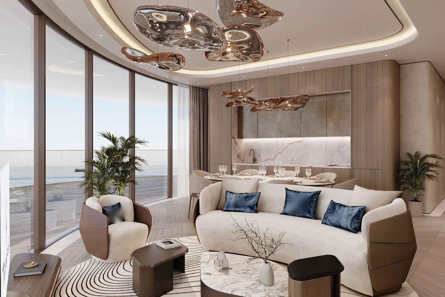 Residence interior with marble surfaces and warm timber